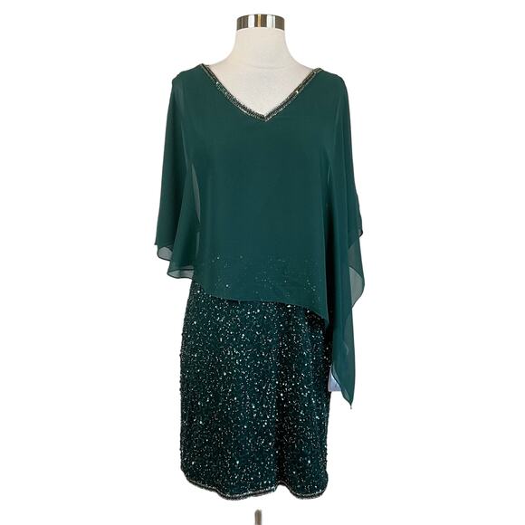 JKara Women's Cocktail Dress Size 6 Green Sequined Asymmetric Caped Mini Sheath - Picture 1 of 13